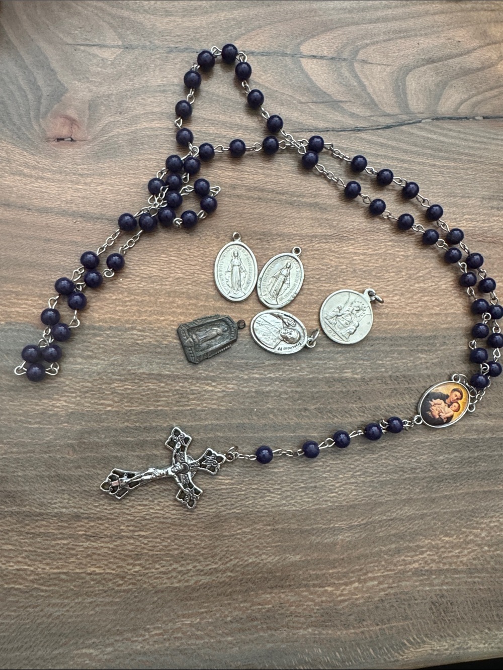 Rosary Necklace with Dark Purple Beads and Silver Crucifix and charms